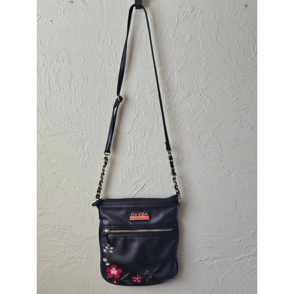 Nicole Miller Black Faux Leather Crossbody Bag Floral Embroidery Chain Strap